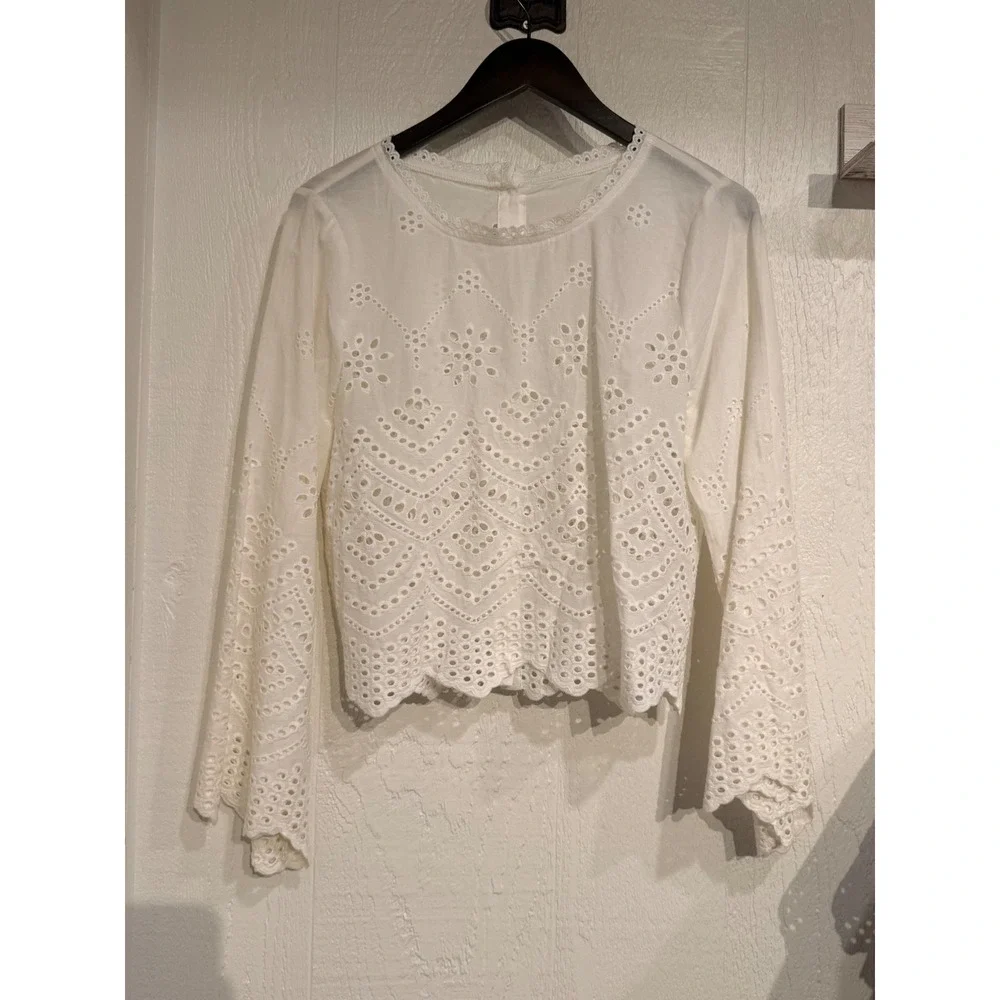 White Eyelet Lace 2 Piece‎ Set Long Sleeve Button Back Top & Tiered Mini Skirt